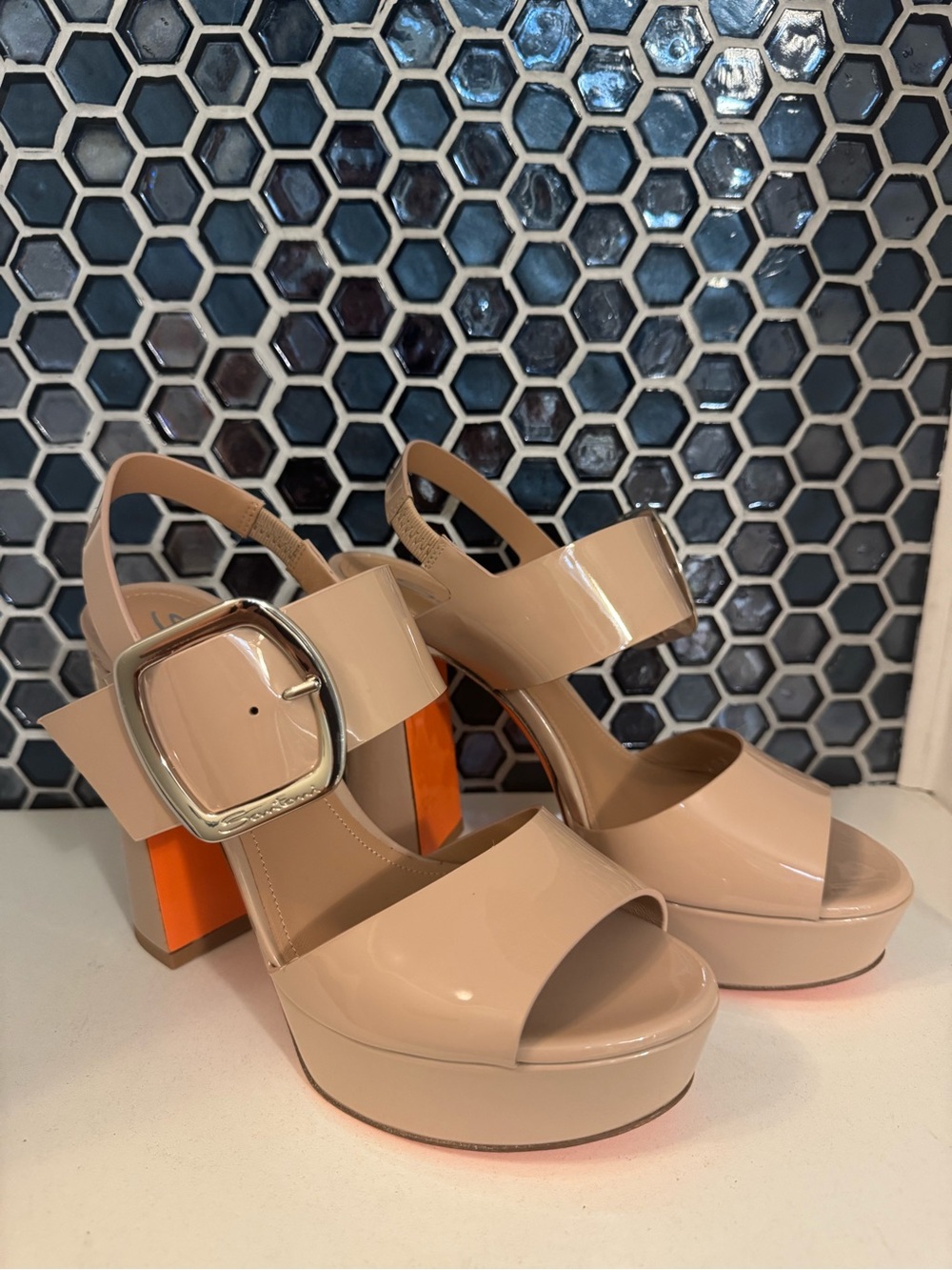 SANTONI Bruxel Nude Beige Platform Sandal, size 7.5